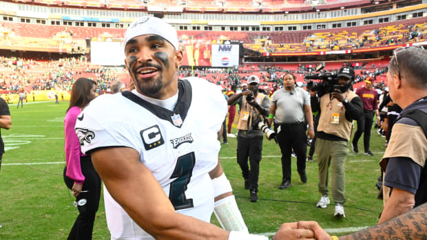 Oct 29, 2023; Landover, Maryland, USA; Philadelphia Eagles quarterback Jalen Hurts (1) celebrates after the game against the Washington Commanders at FedExField. Mandatory Credit: Brad Mills-USA TODAY Sports  